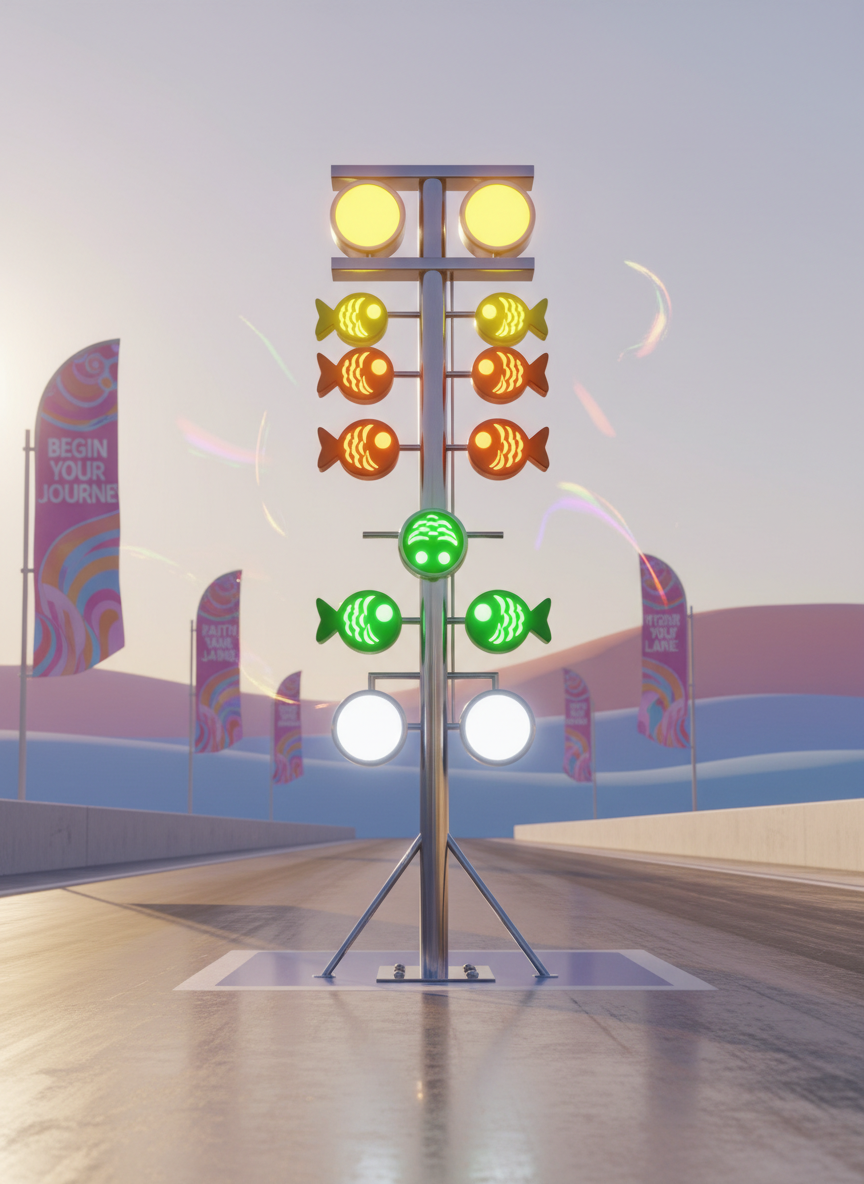 A beautiful, vivid dragstrip staging tree rendered in photographic detail, its iconic multicolored lights glowing in vivid yellow, green, and orange, subtly shaped like stylized fish symbols. The tree is centered on polished concrete, backed by a sunlit, pastel-colored landscape with nostalgic banners fluttering in the warm breeze. Diffused golden hour light bathes the entire scene, adding cheerful highlights and soft, playful shadows. The composition uses rule-of-thirds for dynamic visual balance. Overall, the image is full of energy, rounded forms, and a sense of anticipation, aligning with the site’s joyful call to begin a journey of faith.