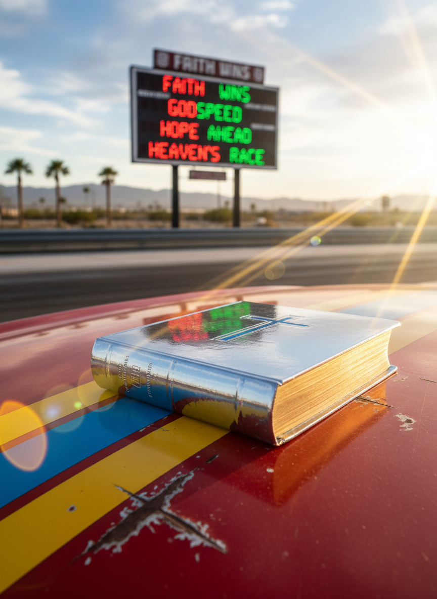 A glossy, metallic Bible with racing stripes in electric blue and sunshine yellow rests atop the weathered hood of a retro muscle car. Sunbeams play across the scene, causing the Bible’s gilded edges and the car’s curves to shimmer with lively reflections. In the distance, a blurred, classic drag strip scoreboard shows uplifting messages of hope. Framed from a slightly elevated, three-quarters perspective, the focus remains sharp on the Bible’s textured cover and soft on the background, creating intimacy and vibrancy. The mood is encouraging, playful, and deeply faith-oriented, blending racing nostalgia with spiritual inspiration.