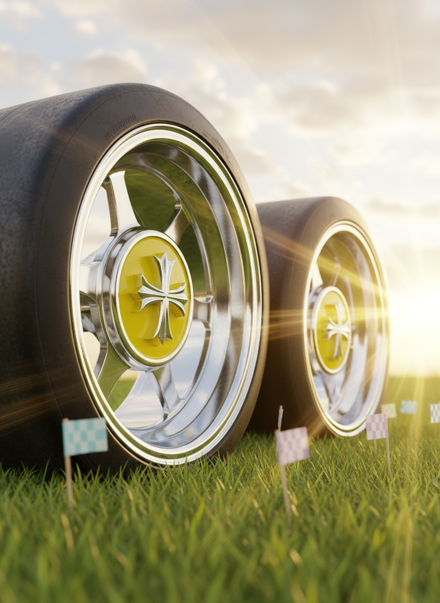 An intricately photographed close-up of a pair of gleaming chrome drag racing wheels resting on plush green grass, each wheel adorned with a classic cross insignia on the hubcap set against a vibrant yellow background. Rays of golden sunlight filter through fluffy clouds overhead, creating luminous highlights and playful gleaming flares across the polished metal. The surrounding grass is dotted with small, pastel-colored race flags for a whimsical feel. Shot at a low, eye-level angle with shallow depth of field, the sharp focus draws attention to the shining cross and texture of the rubber, while the background softly blurs. The mood is optimistic, bright, and faith-affirming.