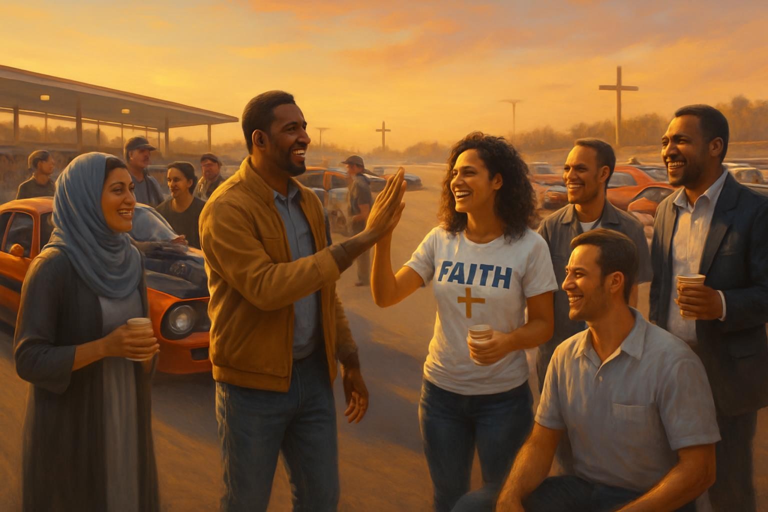 A friendly, energetic drag racing community scene with people gathered around cars at the track, diverse group of men and women smiling and talking, race cars in the background, warm lighting, welcoming and faith-based atmosphere