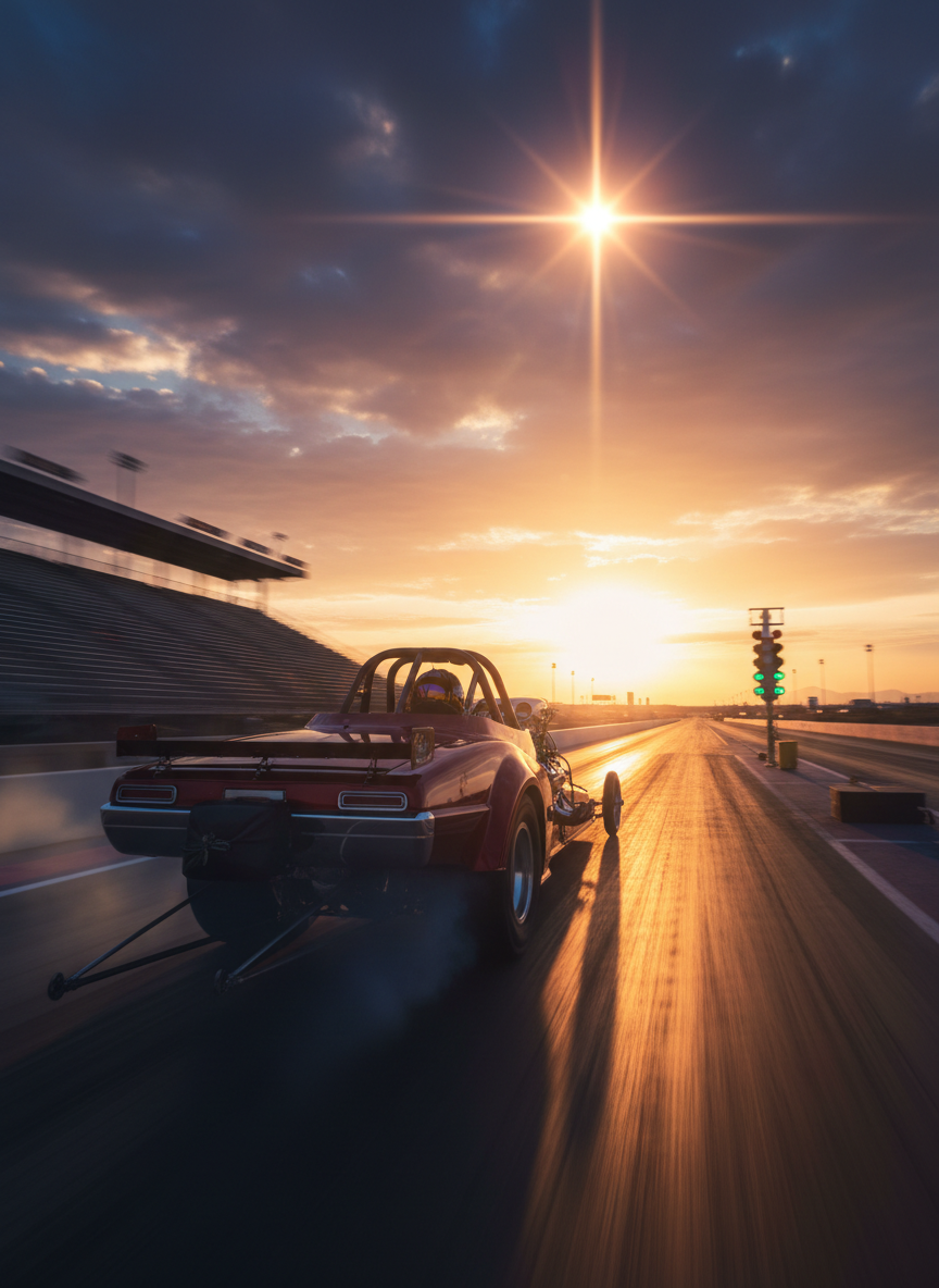 A dramatic, inspiring image of a drag racer at the starting line at sunset, with warm golden light, motion blur on the car, and a subtle cross-shaped light flare in the sky, conveying faith, hope, and high-speed racing excitement.